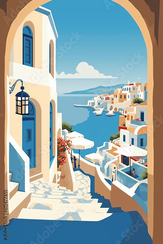 Design a captivating graphic that combines the majestic beauty of Greek architecture with the endless allure of the ocean. AI generative