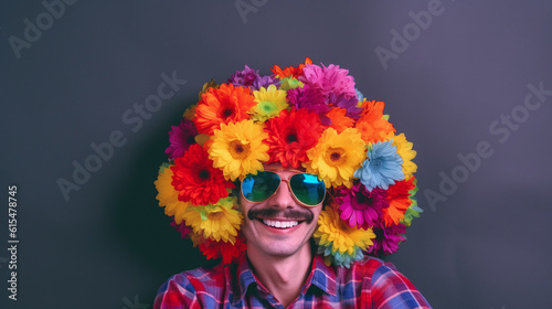 homem cômico com bigode e flores coloridas na cabeça 