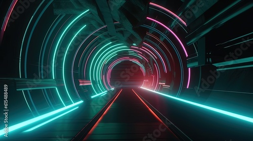 Abstract illustration flight in retro neon hyper warp space in the tunnel 