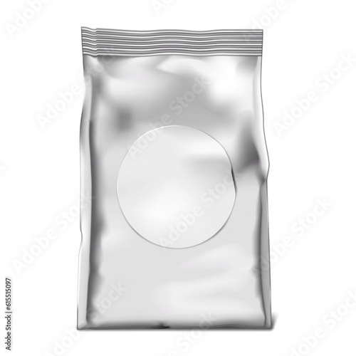 Vacuum sealed foil retort pouch with round paper label sticker realistic mock-up. Blank plastic bag package vector mockup