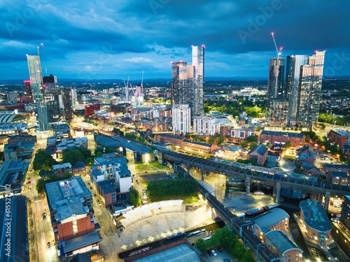Manchester Skyline view over Castlefield aerial photo. 