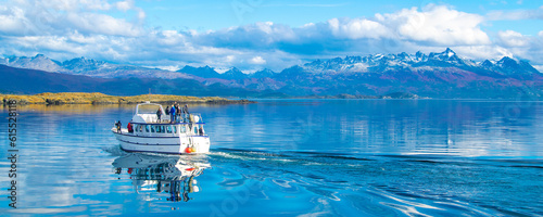 Tour ship sailing at beagle channel, ushuaia, argentina