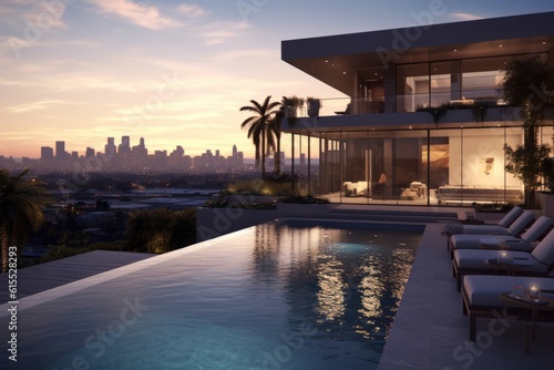 A stylish and sophisticated penthouse pool area in a Los Angeles villa, boasting mid-century modern architecture, sleek lines, and panoramic views of the city. Generative Ai