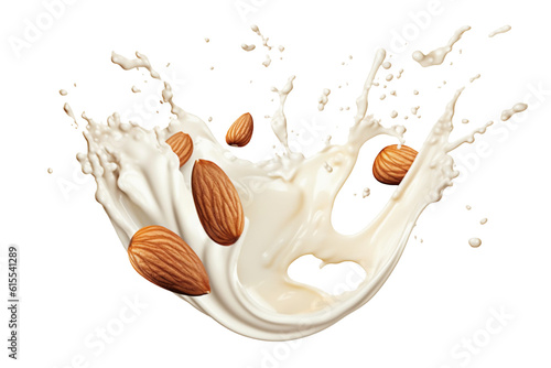 Milk splash with almonds isolated on transparent or white background, png