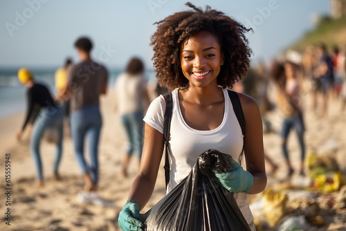 A woman holding a trash bag on a beachPhoto of a woman picking up litter on a sandy beach to protect the environment