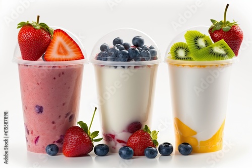 three colorful smoothies with fresh fruit toppings in clear cups. Generative AI