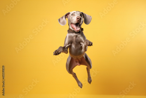 Happy Weimaraner dog jumping on a yellow background. Generative AI