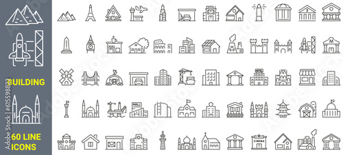 Set of 60 web icons Building in line style. Airport, Office, Hotel, Hospital, Insurance, town house, mall, coffee, . Vector illustration.