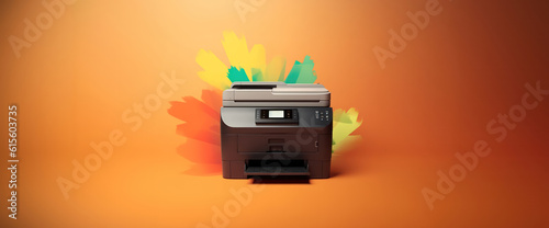 office or professional photocopier or printer with color splashes for high quality printing services as wide banner with copy space area - Generative AI