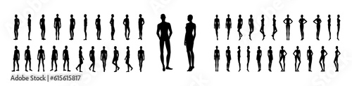 Silhouette of Women and men set body standing and walking fashion Illustration. Flat male and female character collection front, back view boy, girl. Human slim lady Gentlemen infographic template