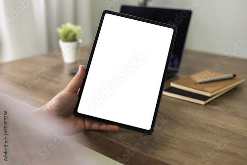 man hand holding digital tablet touch white screen device isolated screen ONLINE ADVERTISING communication empty space frame mockup, internet touchpad touchscreen information ipad.