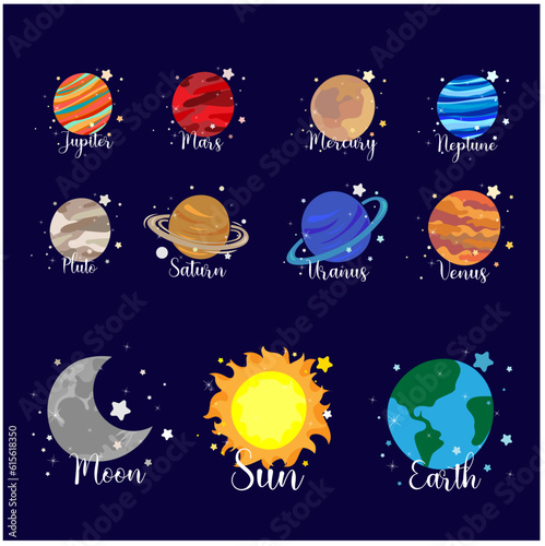 ilustracion vectorial de todos los planetas del sistema solar y la luna y el sol