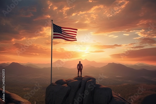 silueta de persona en la cima de una montaña con una bandera americana, al atardecer. ilustracion de ia generativa