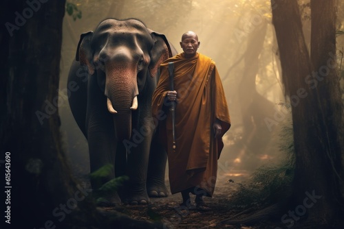 A Buddhist monk with the elephant in the forest, Cambodia