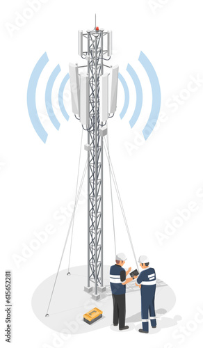 engineer Maintenance Service Call phone internet 5g antenna high tower isometric isolated cartoon