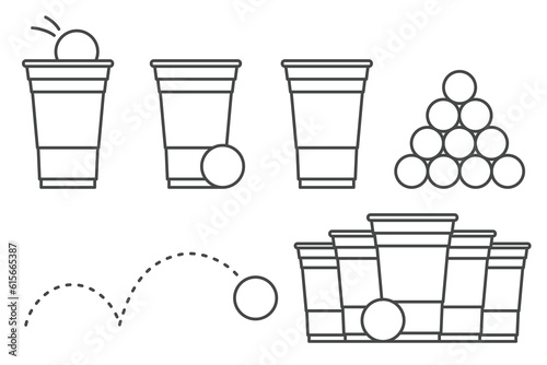 Outline beer pong illustration. Plastic cup and ball with splashing beer. Traditional party drinking game. Vector