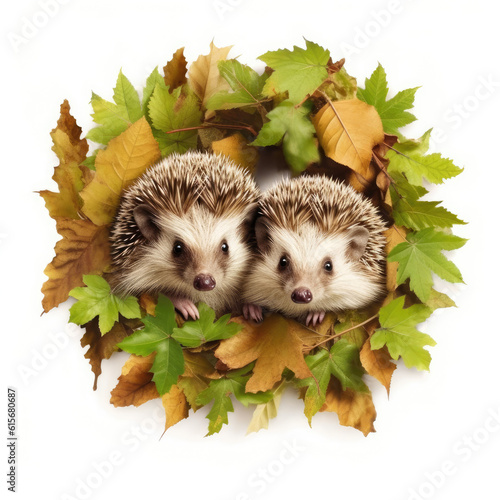 Two Hedgehogs (Erinaceus europaeus) in leaves
