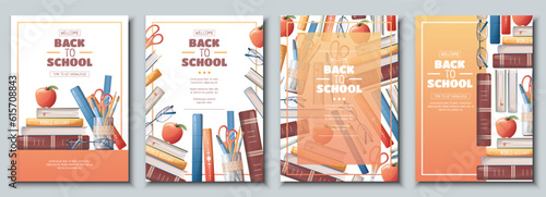 Set of flyer template with school accessories, books and textbooks. School time, back to school, education. Flyer, poster, banner size a 4.