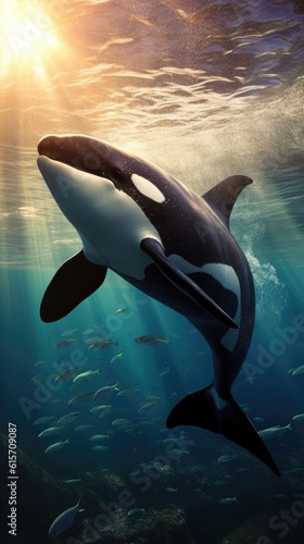 an orca whale is swimming under the water in an underwater sun setting, in the style of photorealistic renderings - AI generative