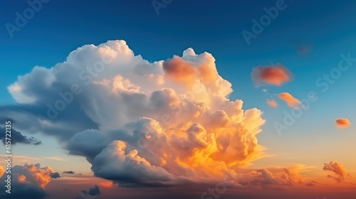 Blue sky with clouds at sunset. Panorama. Bright orange sky. Bright fantasy sky. Generative AI.