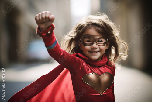 Happy girl in super hero costume with Generative AI