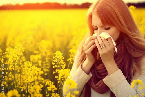 Allergic rhinitis: Image showing a person with a runny or congested nose, sneezing, and other symptoms of hay fever Generative AI