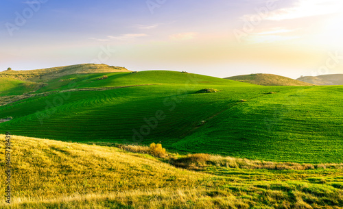 countryside green field during sunrise of sunset in warm light. beautiful spring landscape in the mountains. grassy field and hills. rural scenery