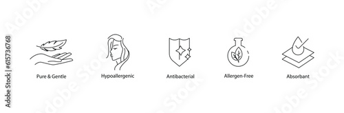 pure gentle, hypoallergenic, antibacterial, allergen free, absorbent icons vector illustration 