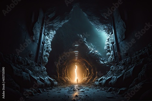 Very dark mine tunnel with big horror alien exit volumetric. Generative AI AIG15.