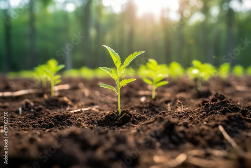 Reforestation project with seedlings being planted, Natural climate solutions, nature background Generative AI