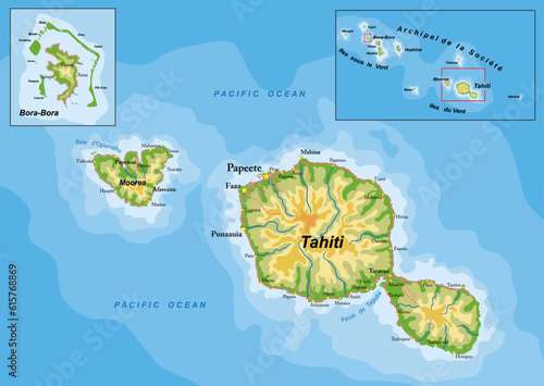 Tahiti and Bora-Bora highly detailed physical map