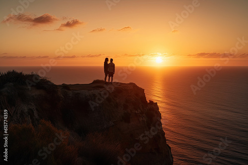 two people standing on the edge of a cliff looking out at the sun setting in the sky over the ocean
