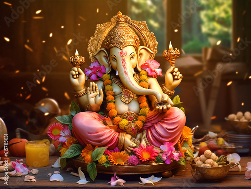 Illustration of Lord Ganesha sculpture with decorative elements - ai generative
