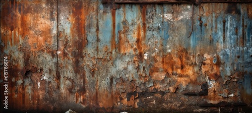 Rusty metal surface background. Brown red blue scratch detail. Generative AI technology. 