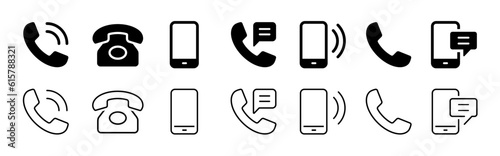 Phone icon set. Chat bubble icon. Telephone call sign. Contact icon phone mobile call. Contact us. Contact us symbol. Cell phone pictogram. Vector illustration