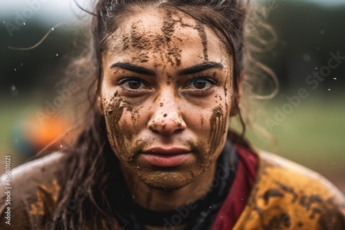 Headshot portrait of young woman ruby player with face covered with mud