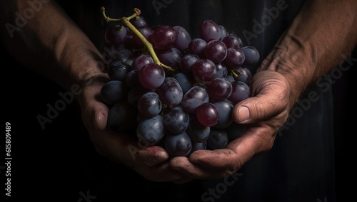 Close up shot of hands holding purple grapes