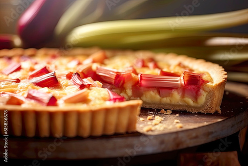 Tart with rhubarb and cheese close-up