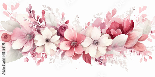 acuarela con flores en tonos rosas, rojos, verdes y blancos sobre fondo blanco