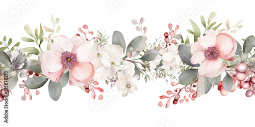 acuarela con flores en tonos rosas, rojos, verdes y blancos sobre fondo blanco.Ilustracion de Ia generativa