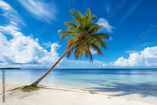 Beautiful tropical beach sea ocean with coconut and other tree around white cloud on blue sky photography