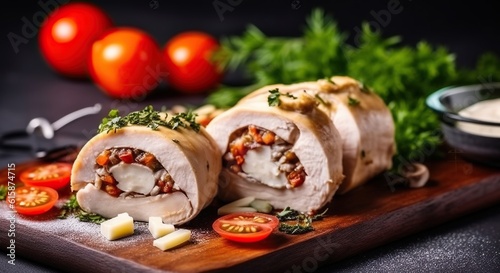 Delicious fresh meat roll made from chicken fillet, mushrooms, spices and herbs. Generative AI
