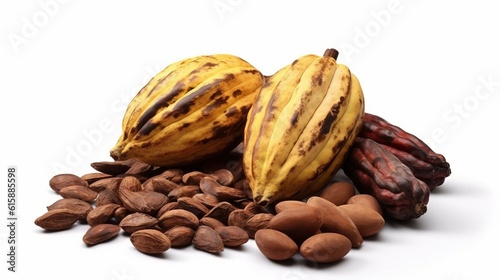 Cocoa pod with cocoa beans on a white background. Generative AI.