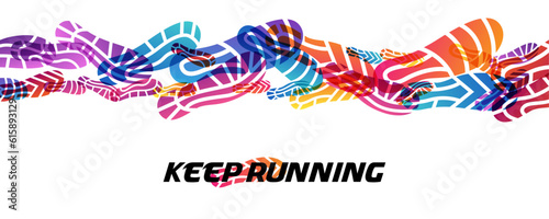 Sport colorful background with silhouettes of footprint. Conceptual vector illustration of marathon or jogging or run festival.
