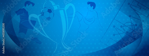 Abstract soccer background with a football players kicking the ball and other sport symbols in blue colors