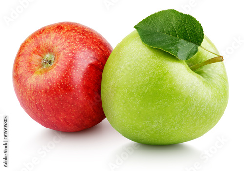 Pair of ripe red and green apple fruits with apple leaf isolated on white background. Apples with clipping path