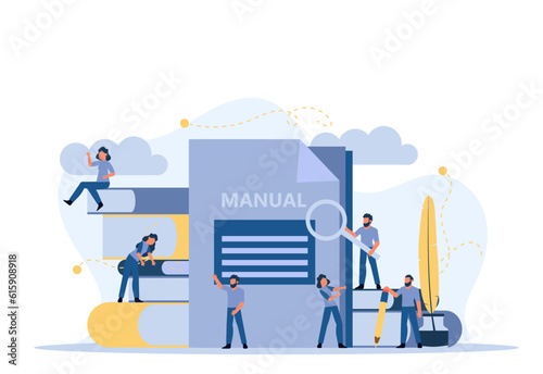 Man and woman create document book manual. Business handbook advice content vector. Online web paper digital illustration article journalism. Social marketing blogging design. Promotion banner guide