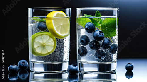 two glasses of water with blueberries, lemon and mint on the glass is reflecting in the water there are some limes