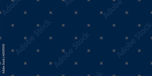 Simple minimalist floral pattern. Vector seamless texture with tiny gold flower shapes, dots. Abstract minimal geometric blue and gold background. Repeat design for print, fabric, decor, wallpaper