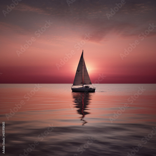 sailboat in the sunset, lonely sail in the sea at pink sunset, generative ai